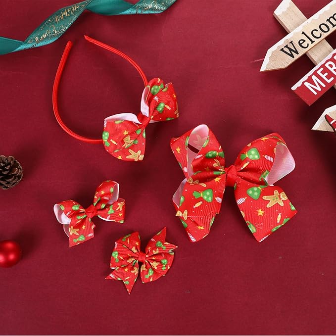Christmas Bow Headband & 2 Pcs 4 Inch Hair Bows Set, Black School Hair Accessories for Little Toddler School Girls (Red Christmas)