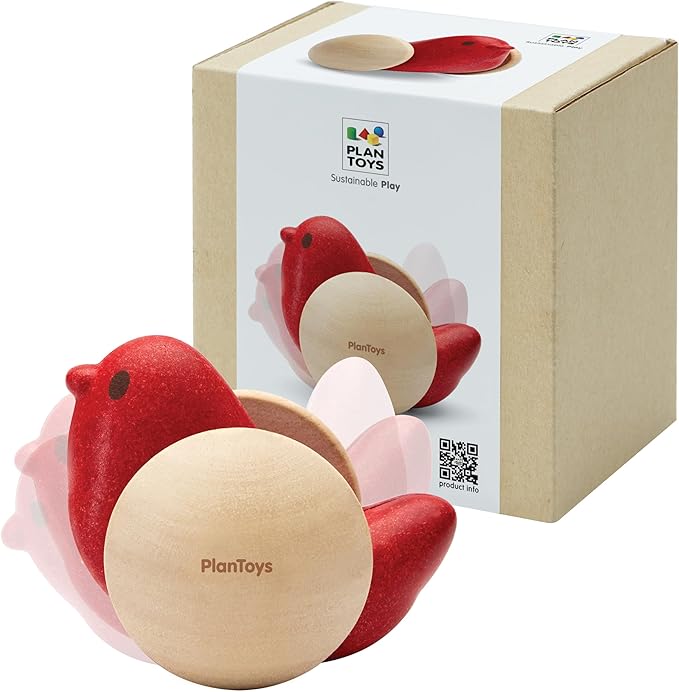 PlanToys® Wooden Bird Roller Toy | Montessori Inspired Rolling Toy for Crawling, Visual Tracking & Motor Skill Development | Eco Friendly Push & Chase Activity for Babies