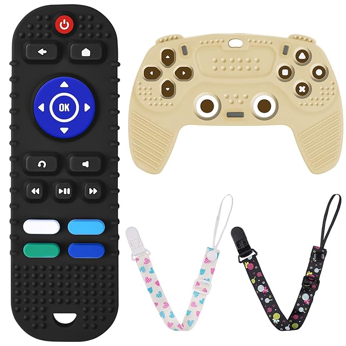 2PCS Silicone Baby Teething Toys, Remote Control Shape Teething Toys and Game Controller Teether Toy with 2PCS Pacifier Clip, BPA Free Silicone Remote Teether for Baby 3+ Months,Frozen(Black&Beige)