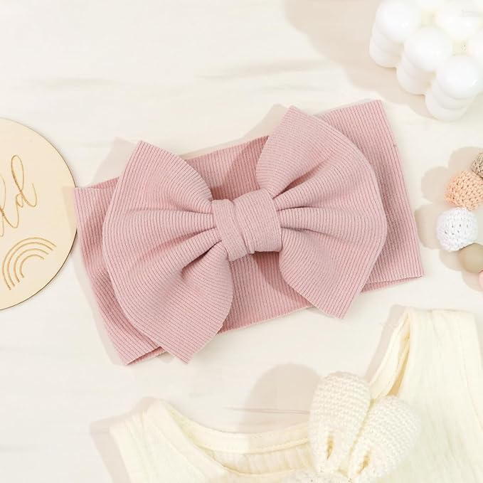 JOYOYO 3 Pcs Soft Wide-Knit Baby Headbands with Large Bow Hair Accessories for Newborn, Infant, Toddler, Kids（Beige Khaki Pink）