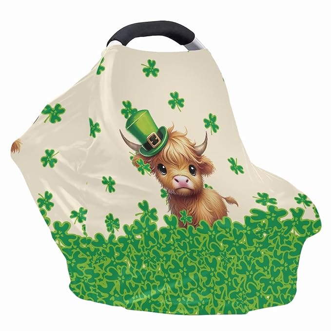Wanyint Baby Car Seat Covers Nursing Cover Carseat Canopy Baby Breastfeeding Cover Multi-Use Nursing Scarf Infant Stroller Cover Home Decor, Highland Cow Leprechaun Hat Clover