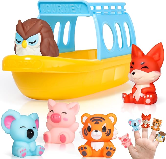 Oriate Bath Toys for Kid, 1 Boat and 5 Silicone Animal Finger Puppets, Sensory Learning Toy Set in The Bathtub, Pool, Beach, Easter Basket Stuffers Gifts for Kids Boys Girls 3 4 5 6 Year Old