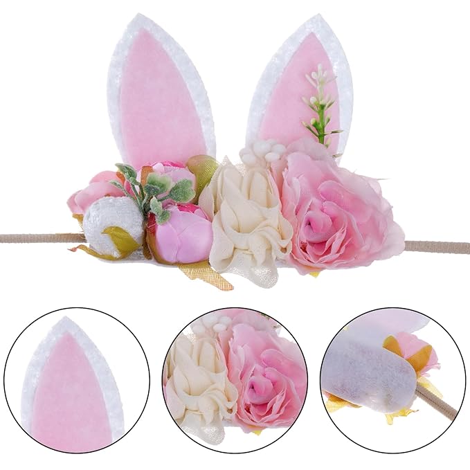 baotongle Bunny Headband Bunny Rose Ears Easter Headbands Baby Girls Flower Spring Newborn Toddler Infant Bunny Headbands