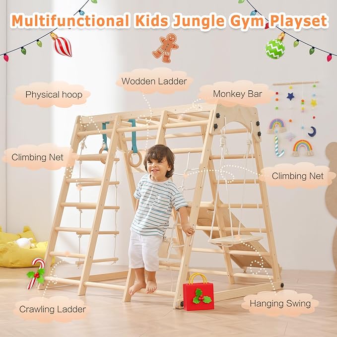 12-in-1 Toddler Playground - Foldable Kids Climbing Set with Slide, Rock/Net, Monkey Bars, Drawing Board, Swing and Pickler Set