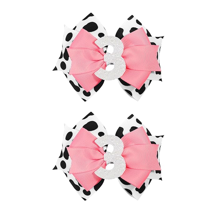 Cow Print Birthday Bow Hair Clip, Pink Farm Animal Theme 3 Year Old Hair Bow Clip Accessory for Toddler Girls Party Baby Shower Decor