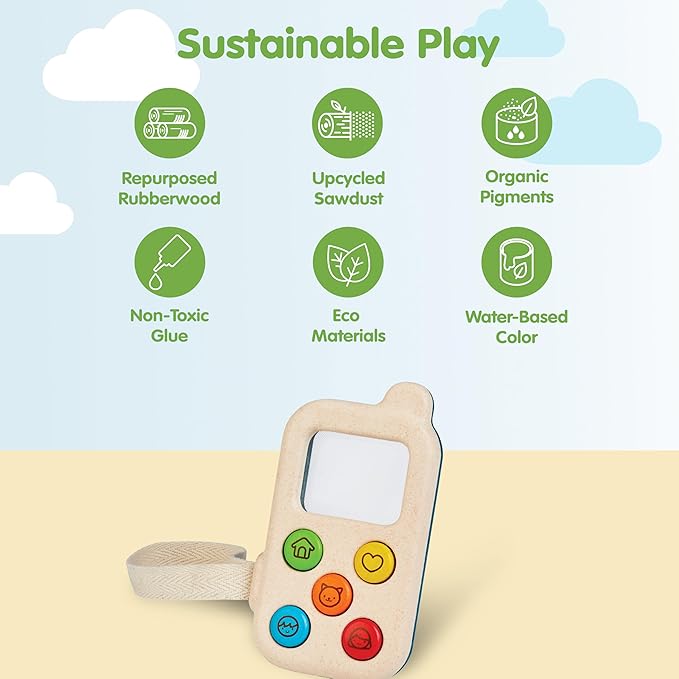 PlanToys® Wooden My First Phone Toy for Toddlers | Montessori Baby Sensory Toy with Magnifier Screen & Buttons | Pretend Play Cell Phone for Learning & Development