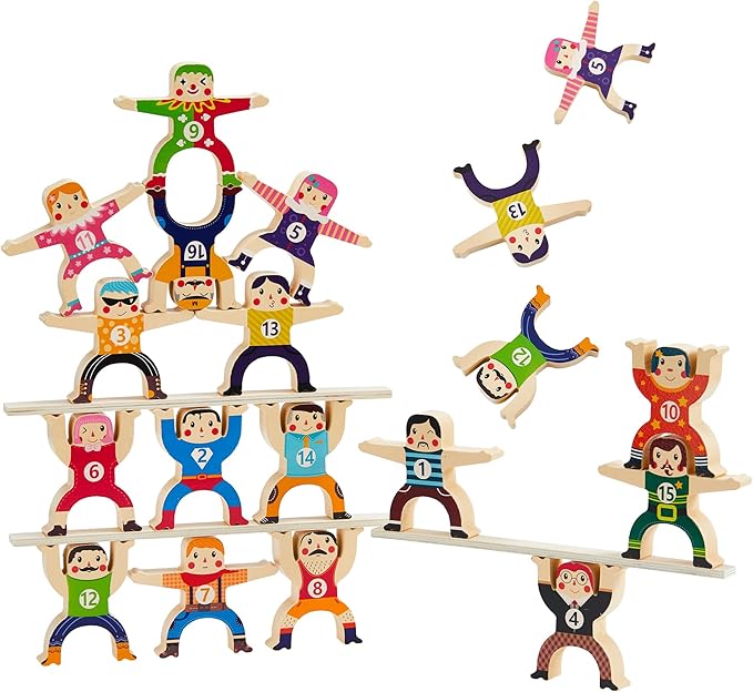HELLO PAPAYA Wooden Stacking Toys 16Pcs Balancing Building Blocks Game,Circus Hercules Acrobatic Troupe Interlock Toy,for 3 4 5 6 Years Old Kids Adults Toddler Puzzle Toys