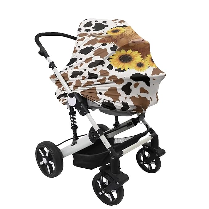 Wanyint Nursing Cover Carseat Canopy Cover Adorable Car Seat Covers for Babies Girls Boys Breathable Nursing Cover for Boys Girls Home Decor, Highland Cow Sunflower Brown Cow Print