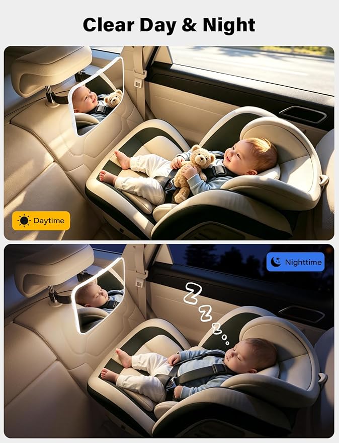 TAZENI Baby Car Mirror - LED Light Baby Car Seat Mirror for Rear Facing with 175° Wide Clear View Anti-Glare, 360° Rotation, Shatterproof, Crash Tested, Safety & Easy Install, espejo para carro bebe