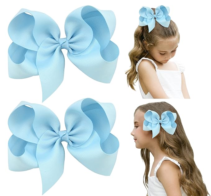 DEEKA 2 PCS 6" Big Hand-made Grosgrain Ribbon Solid Color Hair Bows Alligator Clips Hair Accessories for Little Teen Toddler Girls Kids Set of 2 -Light Blue