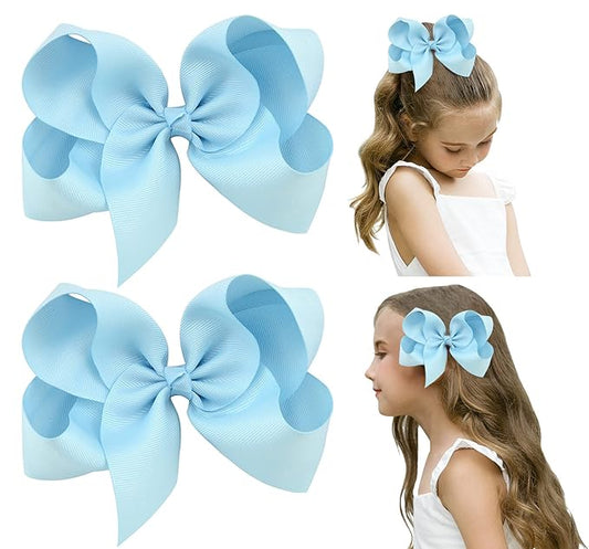DEEKA 2 PCS 6" Big Hand-made Grosgrain Ribbon Solid Color Hair Bows Alligator Clips Hair Accessories for Little Teen Toddler Girls Kids Set of 2 -Light Blue