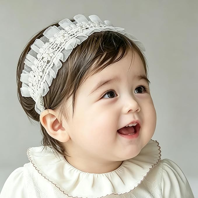 Baby Girls Flower Headbands Cute Kids Christening Headband Soft Lace Hairbands Floral Crown Newborn Infant Toddlers Hair Accessories for Birthday Party Photography(Beige Flowers)