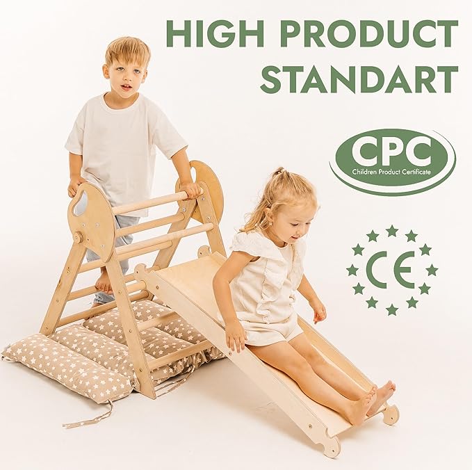 Goodevas 5-in-1 Toddler Climbing Toys Indoor Set - Pikler Triangle, Climbing Arch, Balance Cushion, Montessori Climbing Gym for Toddlers 1-3, Foldable Wooden Baby Activity Center, Jungle Gym for Kids