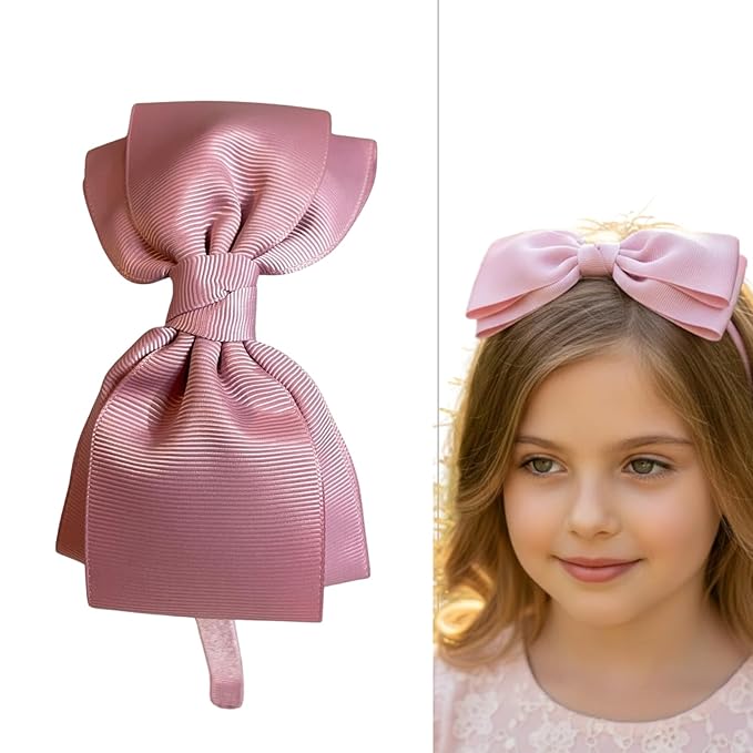 ClassExceed Dusty Pink Bow Headband for Girls 3–12 – Spring Hair Accessory, Solid Color Ribbon Kids Headband for Party & Photos