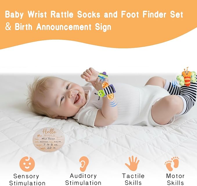 Twefex Wooden Montessori Learning Toy Set, Sensory and Thinking Play Set for Toddlers, 5-in-1 Bath Toys, Cloth Book, Hand and Foot Rattles, and Baby Sensory Toys Soft Hanging