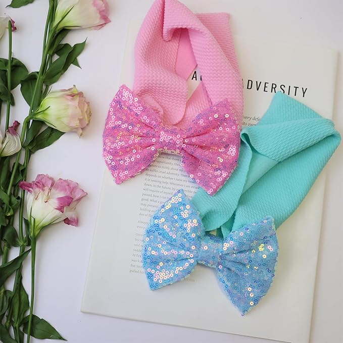 7'' Sequin Baby Headbands, Pink Big Bows for Baby Girls - Soft Stretchy Newborn Bows, Infant to Toddler Hair Accessories, 0-6Months Blue Light Pink