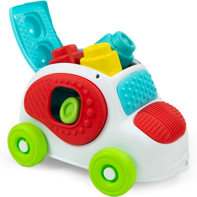 Clementoni- Soft Clemmy Sensory Car: Fun & Developmental Play for Babies & Toddlers, Stimulating Textures, Shapes & Stacking Blocks - Multicolored (6+ Months)