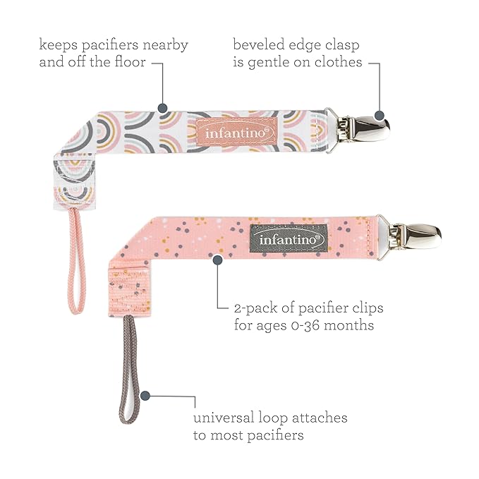 Infantino PaciGrip 2-Pack Pacifier Clips – Universal Fit, Gentle on Clothes, Keeps Pacifiers Clean & Close, Ages 0-36 Months, Pink