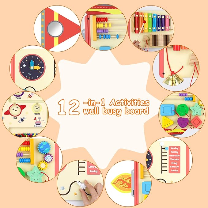 5FT Large Wooden Activity Wall Busy Board, Montessori Sensory Wall Panel for Toddlers, 12 in 1 Learning Activitie Center,Gift for Kids 1-3 Year Olds, Playroom Toy for Boys and Girls