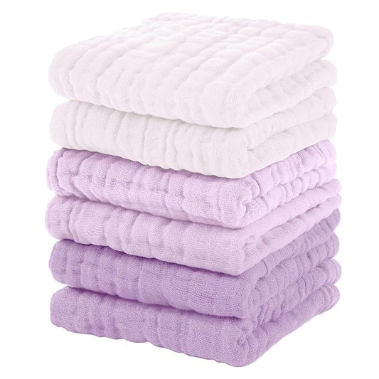 Unnivoll Muslin Burp Cloths Baby 12''X12'', Baby Washcloths 6 Pack, 100% Cotton Baby Wash Cloths Absorbent and Soft for Newborn Infants Kids Boys Girls - Gradient Purple
