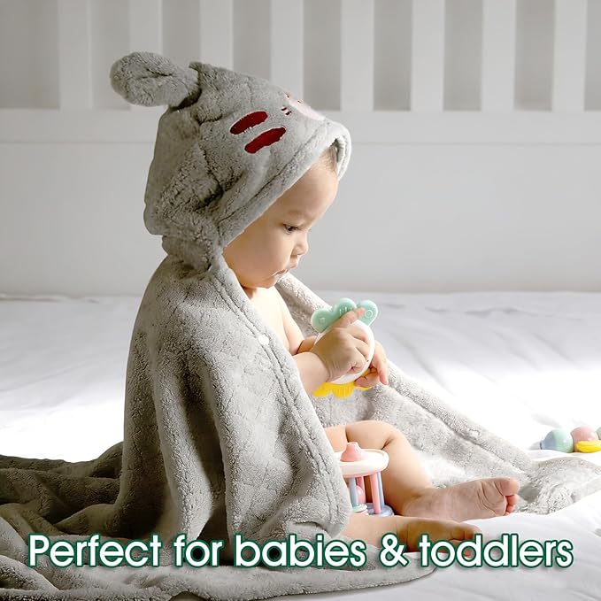 2 Pack Hooded Towels for Toddlers, Thick 55" x 27.5" Baby Bath Towel Set for Girls and Boys, Toddler Towels with Animal Hood and Buttons, Gray Tiger & Green Rabbit Set