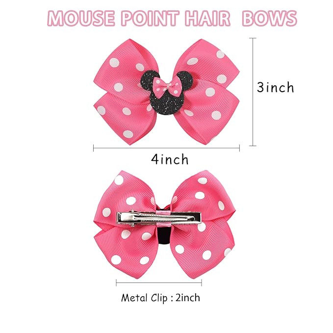 Qearl 8 Pcs Mouse Ears Bow Clips for Girls, Polka Dot Red Bows Theme Park Costume Party Decoration for Toddlers Girls in Pairs