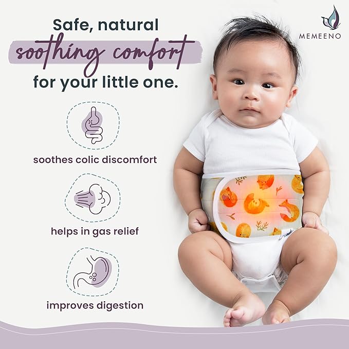 MEMEENO Baby Belly Band for Gas & Colic Relief - Heated Tummy Wrap for Newborns, Sleep Fox