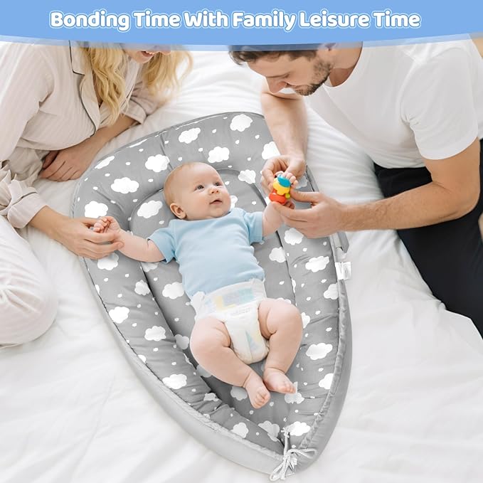 Baby Lounger for Newborn,0-12 Months,Soft Infant Lounger Pillow for Home and Travel, Baby Protable Nest Lounger with Cover,Multi-Use Baby Lounger for Supervised Play&Tummy Time(Cloud)
