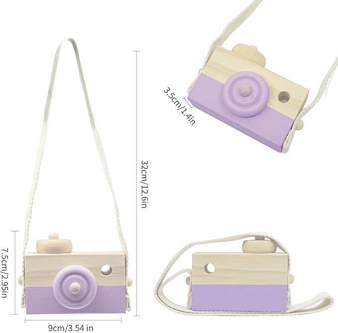 Baby Wooden Mini Camera Toy, Kid Cute Mini Sharpe Toy Neck Hanging Photographed Props for Toddlers Children Kids' Room Hanging Decor Gift (Purple)