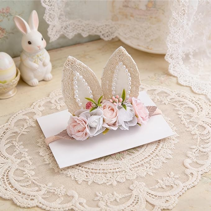 KIDOCHEESE Baby Girl Floral Easter Bunny Ears Headband Rabbit Ears Nylon Hairband for Newborn Infant Toddler Easter Hair Accessories Gift