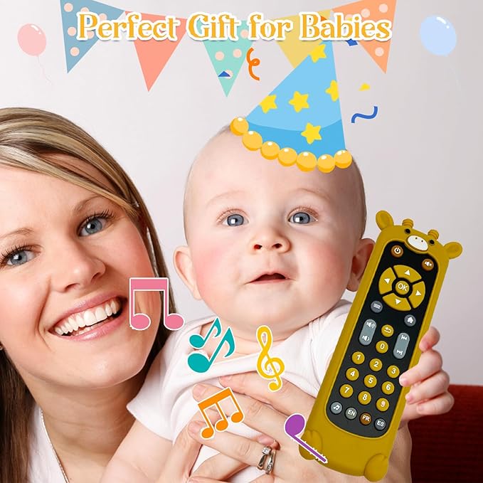 Soft Silicone Musical Teething Toys for Toddlers, Babies, Boys, Girls, 6-12 Months Baby Remote Control Shape Molar Teether Chew Toys Set Gift (Giraffe)