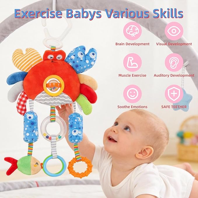 Roadtrip Car Seat Toys for Baby 6-12 Months, Infant Travel Sensory Toys with Clip, Soft Montessori Hanging Plush Toys Wind Chime, Teether, Rattle, Squeaky for Newborn Boy Girl Gifts