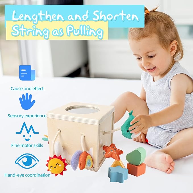 Twefex Pull String Activity Toy, Montessori Toys for Babies 6-12 Months, Wooden Activity Cube Baby Sensory Toys for 1 Year Old Boy Girl, Early Learning Baby Infant Toy 6 to 12 Months