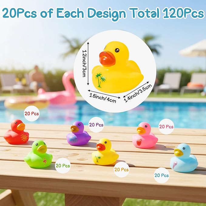 Haooryx Summer Mini Rubber Ducks - 60Pcs Hello Summer Ducky Squeak Bathtub Float Bath Toy Novelty Squeak Duck for Kids Holiday Party Decor Classroom Reward Birthday Gift Baby Shower Party Favor Supply