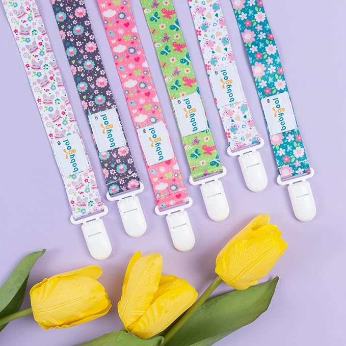babygoal Floral Pacifier Clips, 6 Pack Binky Paci Holder Leashes Fits for Most Baby Pacifiers and Binkies