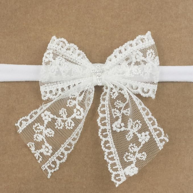 Nihao Baby Off White Lace Bow Small Baptism Headband for Baby Girls -2 PCS
