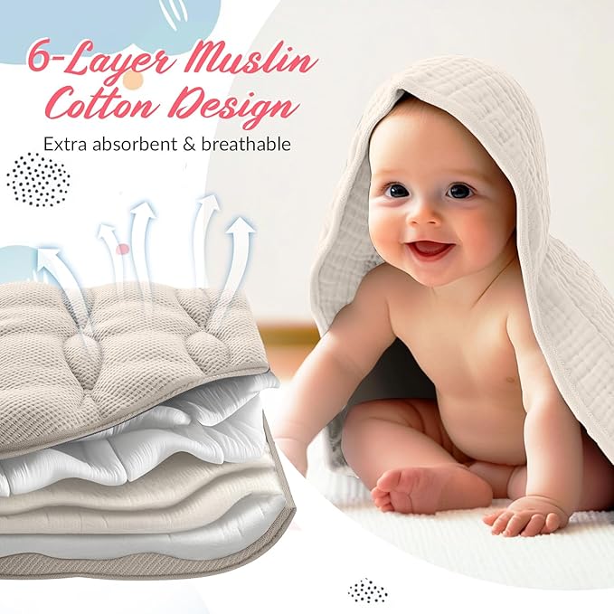 Hahafelt 6 Pcs Muslin Hooded Bath Towels Washcloths and Bibs Set, Muslin Cotton Baby Towels Absorbent Hooded Blanket Towel Infant Bibs for Boys Girls Newborn Infant Essentials(Light Green,Light Gray)