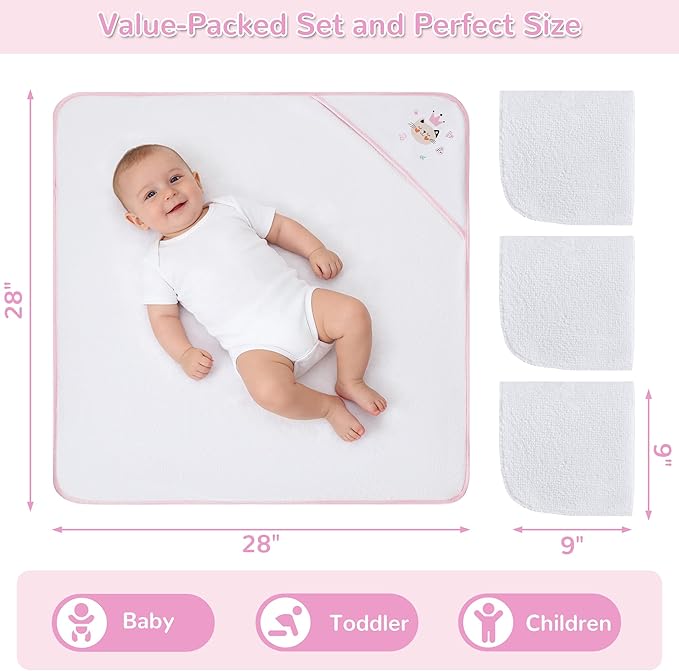 Viviland 6 Pcs Hooded Baby Towels and Washcloths Set, Super Gentle Bath Towels for Newborn Face & Body, Absorbent Wash Cloth for Infants Girls, Flower-Cat Pattern, 28 x 28 inch