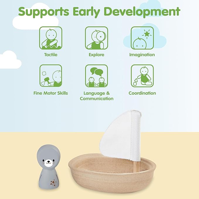 PlanToys® Wooden Sailing Boat Toy with Seal | Bath Time Water Toy for Floating Play, Imagination & Gentle Sensory Exploration | Eco Friendly Toy for Bath and Water Play