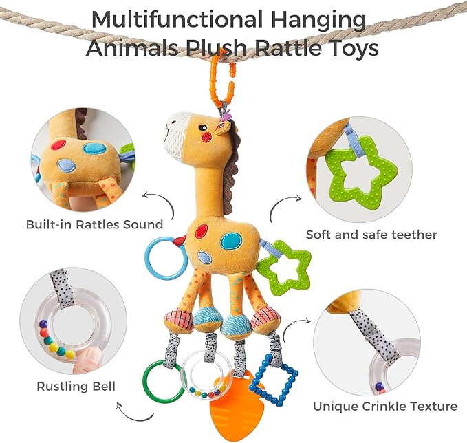 TUMAMA Giraffe Hanging Rattle Toys, Soft Baby Hanging Toys with Wind Chimes, Stroller Car Seat Crib Plush Animal Activity Toy Gift for Newborn Toddlers 0,3,6,9,12,36 Month