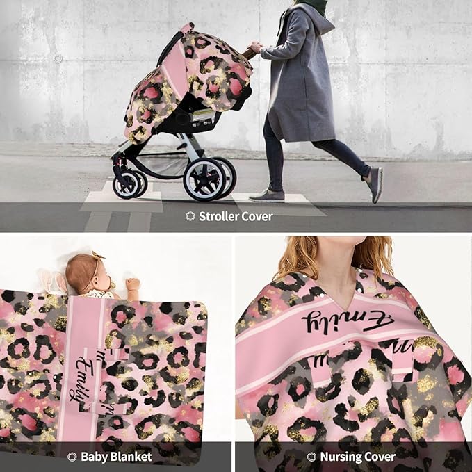 Custom Baby Car Seat Cover with Name – Personalized Leopard Print Nursing Cover, Infant Carseat Canopy, Shopping Cart Cover – Soft, Breathable & Warm – Ideal Shower Gift for Baby Girls