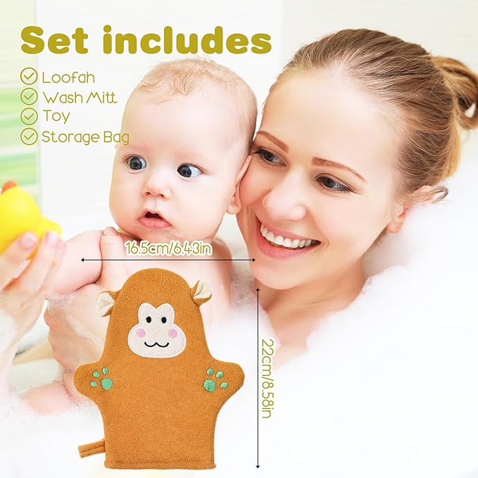 2PCS Baby Bath Mitt Washcloths Gloves Monkey Chicken Toddler Soft Washcloths for Kids Designed in Cute Animal Towel Gentle Scrub for Baby Girl Boy Bath Shower