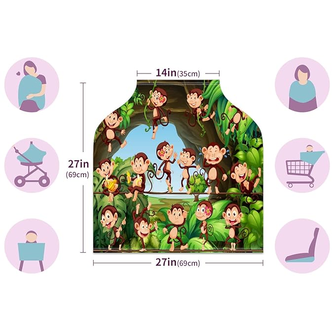 Baby Car Seat Stroller Covers Forest Cute Monkeys Nursing Cover Breastfeeding Scarf Soft Breathable Stretchy Infant Car Canopy Coverage Carseat Cover for Boys and Girls Multi Use