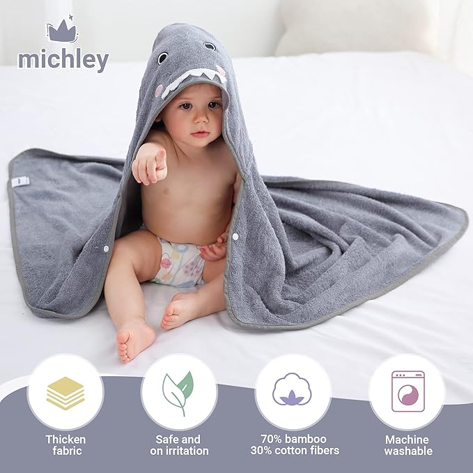 MICHLEY Bamboo Viscose Baby Hooded Bath Towel for 0-5 Years Boys and Girls, 29.5 x 39.5 Inch Ultra-Soft and Quick-drying Infant Bath(Shark)