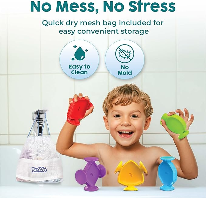 BUNMO Big Shapes Textured Suction Bath Toys for Toddlers 1–3 (5 Pack), Extra Large Silicone Bathtub Toys, BPA-Free Suction Cup Toys, Bath Toys for Kids Ages 1+, Sensory Bath Toys