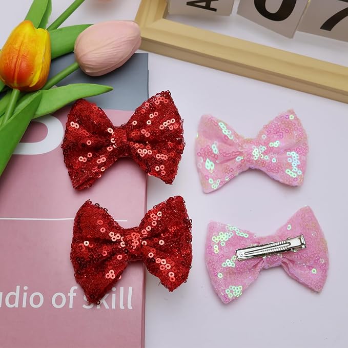 Valentines Red Hair Clip, 4pcs Pink Red Bow Hair Accessories for Little Teen Girls Toddler Kids, Sparkly Bows Toddler Glitter Hair Clips Alligator Clips, Back to School
