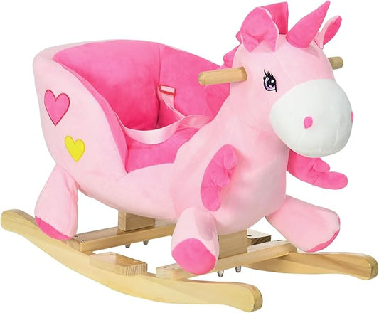 Qaba Baby Rocking Horse, Ride on Unicorn with 32 Songs, Toddler Rocker Toy with Wooden Base Seat Safety Belt for 1.5-3 Year Old, Pink