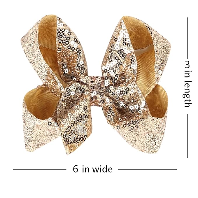 6 Inch Gold Sparkly Glitter Sequin Hair Bows for Girls Toddlers Kids Children Teenage (2PCS)