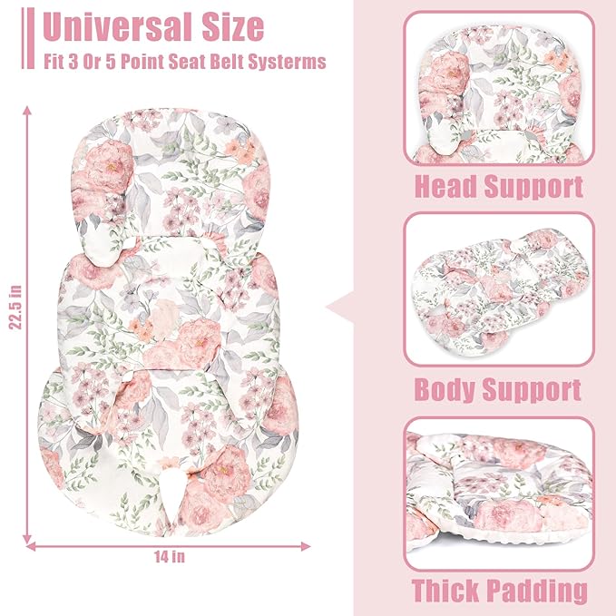 Infant Car Seat Insert, Baby Car Seat Head & Body Support for Newborn, Ultra Soft Reversible Preemie Carseat Insert Cushion for Girls Boys, Fit Car Seat, Stroller, Swing, Bouncer, Pink