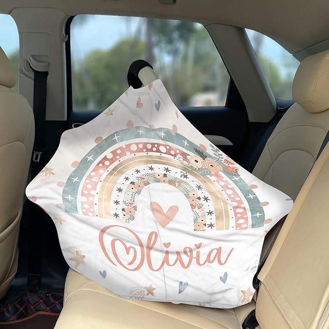 Personalized Baby Car Seat Cover Stroller Canopy: Custom Name Newborn Baby Girl Elastic Love Rainbow Nursing Cover for Moms First Birthday Gift Pink(one Size)